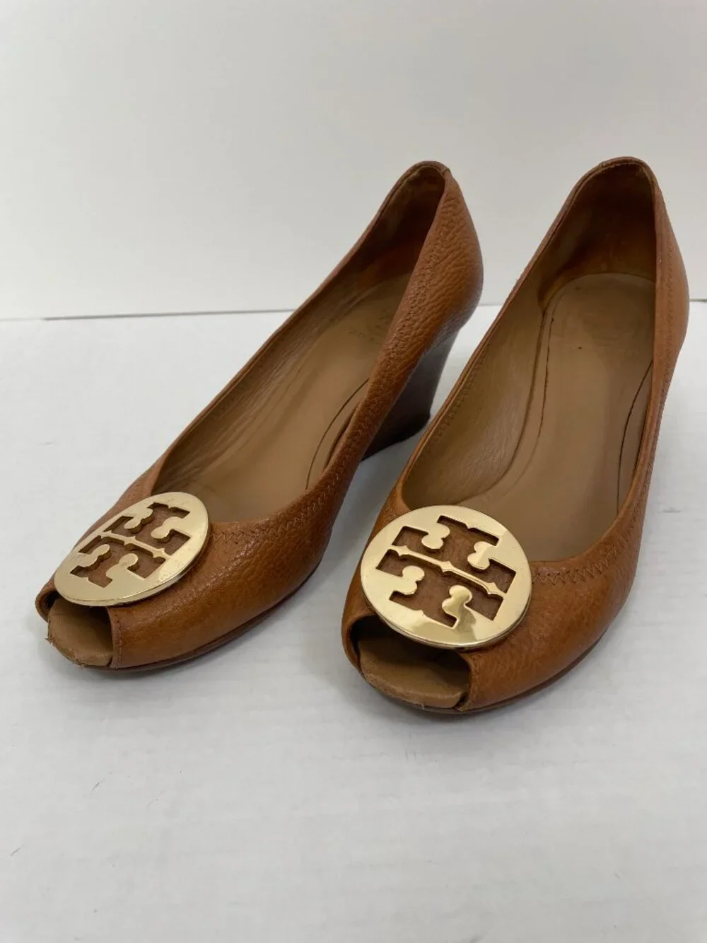 Tory Burch Sally Peep-Toe Wedge Pumps with Gold Logo Brown Leather Size: 9